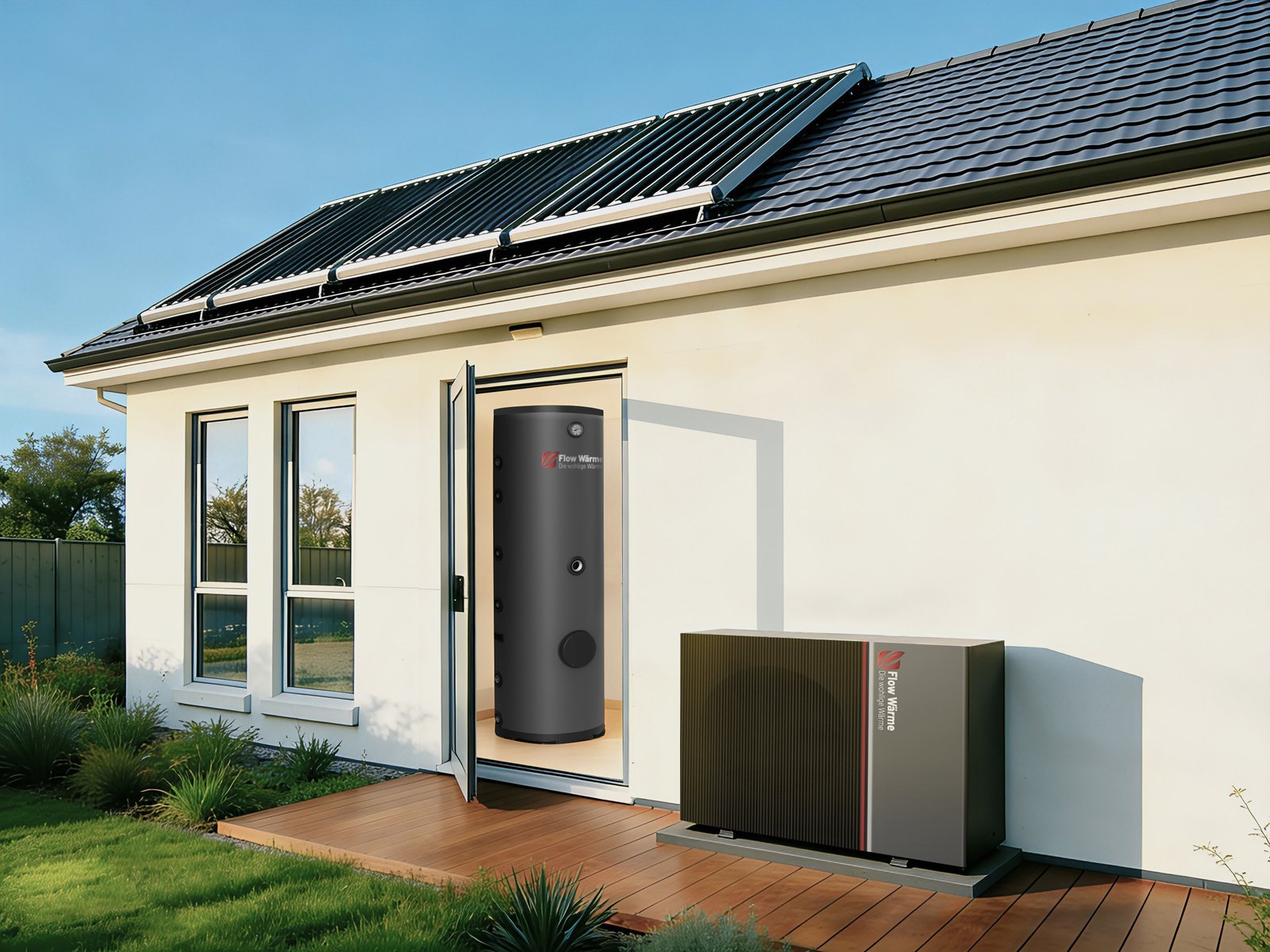 Flow Wärme Warmwasserspeicher mit Wärmepumpe und Solarpanelen